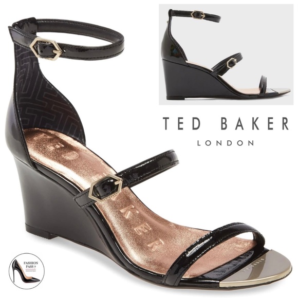 TED BAKER Weliin Black Patent Leather Wedge Sandal Ankle Strap Heels Pumps Shoes - Picture 1 of 13